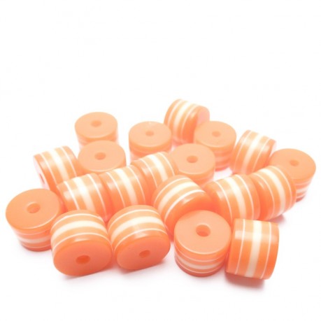 20ks - Plastový korálek váleček oranžový s bílými pruhy 8x6mm