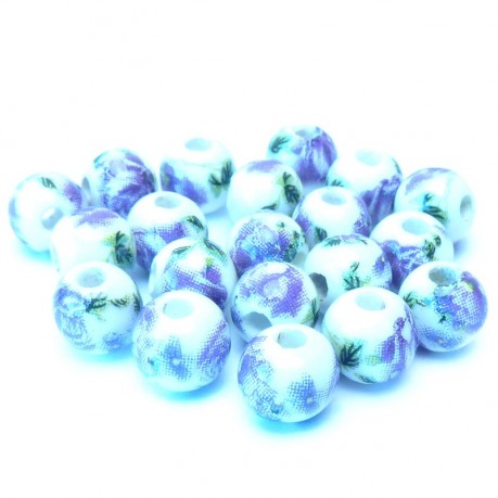 20ks Porcelánové korálky 6mm bílé s fialovým vzorem květin