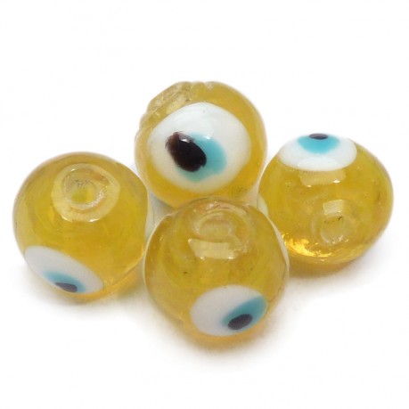 4ks Ručně vinuté perle 12mm oko tmavě žluté
