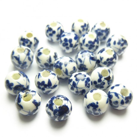 20ks Porcelánové korálky 6mm bílé s modrým vzorem květin